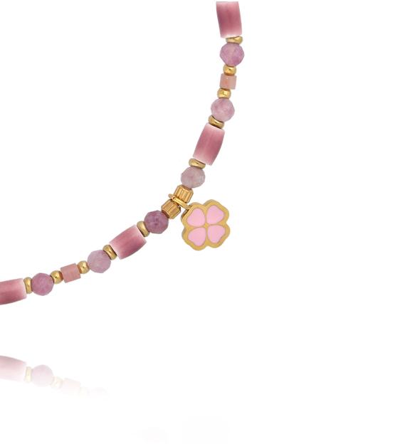 Bransoletka z różowym turmalinem, ceramiką i zawieszką w kształcie kwiatka BNPA0022