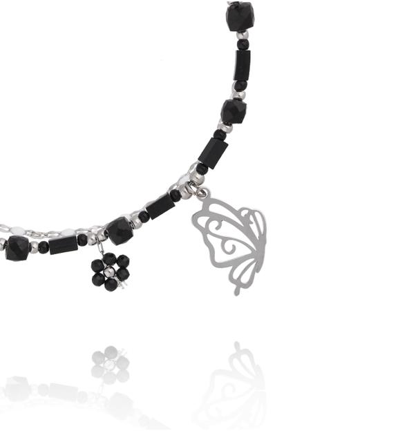 Bransoletka z czarnymi kamieniami i zawieszką motyla BSY0582