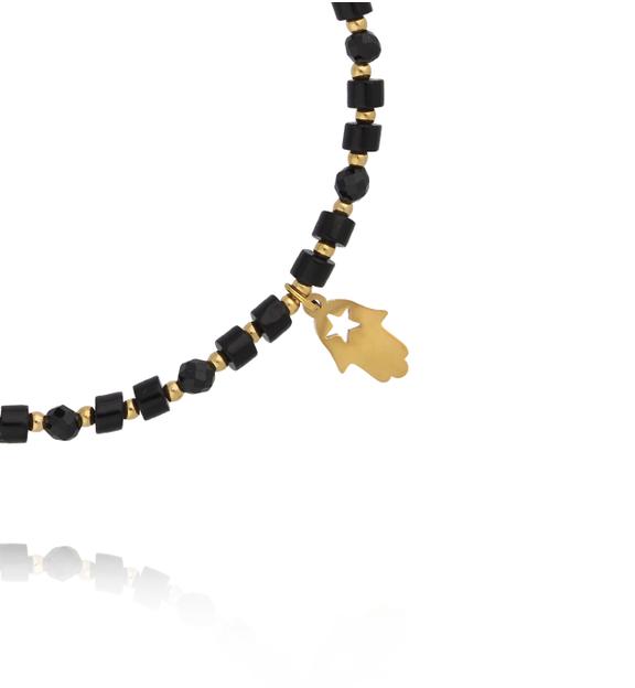 Bransoletka z czarnego turmalinu i czarnego agatu ze złotą dłonią Fatimy BTW3518