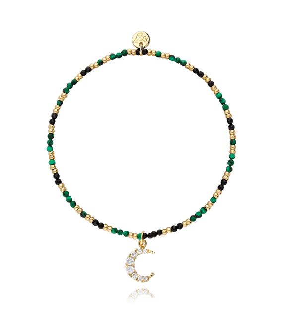 Bransoletka z czarnym onyksem, malachitem i złotym księżycem z cyrkoniami BSC0677