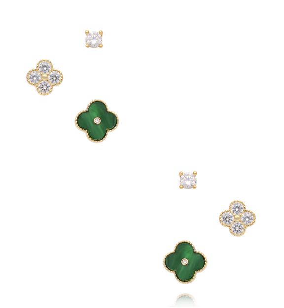 Zestaw kolczyków złoconych z koniczynką, cyrkoniami i zielonym akcentem KMB0004