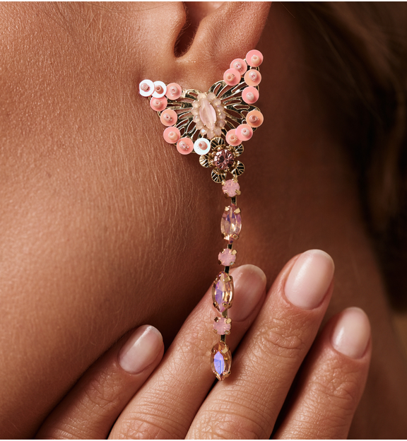 Kolczyki różowe motyle z długim łańcuszkiem KGA0003