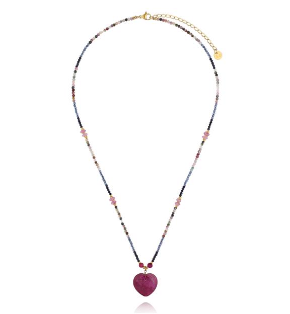 Naszyjnik z turmalinu i jadeitu z sercem w kolorze fuksji NPA1551