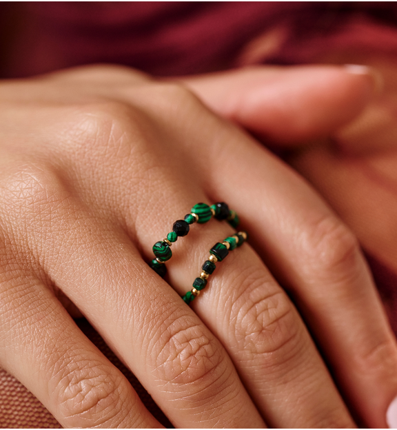 Pierścionek elastyczny z malachitem i czarnym turmalinem PTW0637