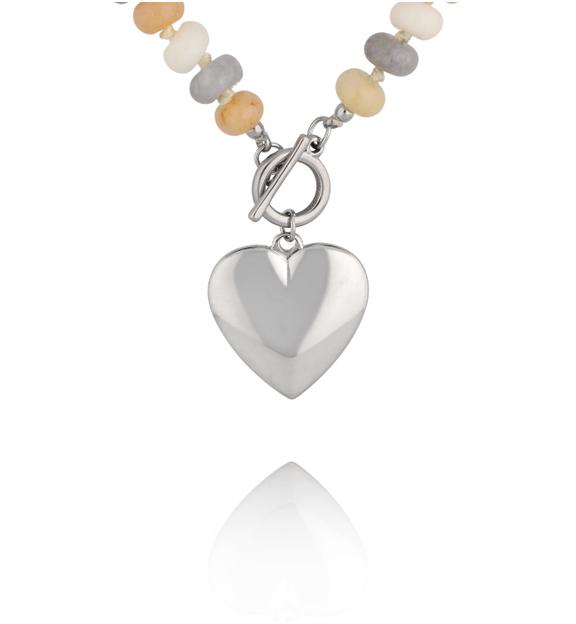Naszyjnik z kamieni w odcieniach beżu i szarości z posrebrzanym sercem NPA1633