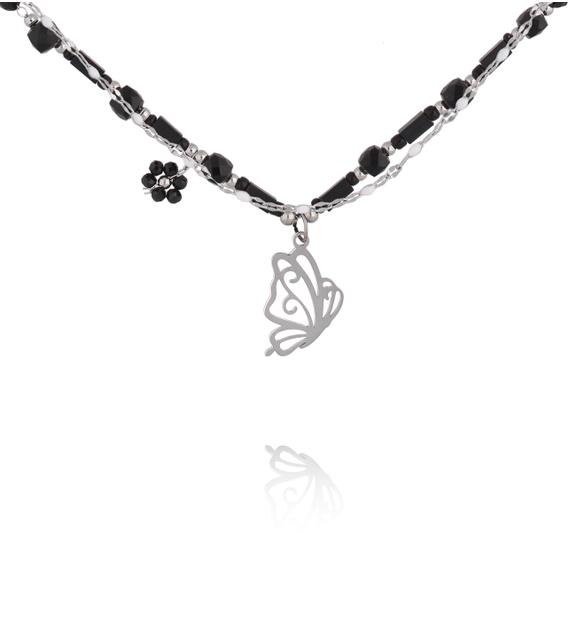 Naszyjnik z czarnymi kamieniami i motylem NSY0828