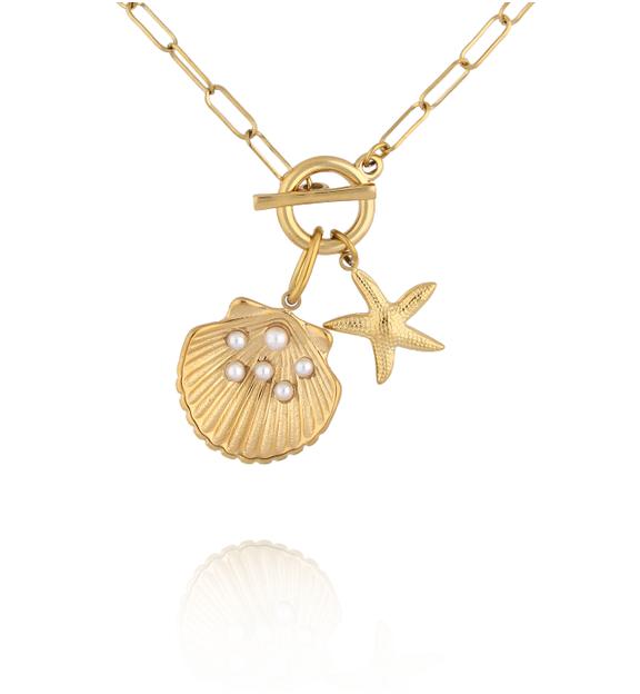 Naszyjnik z muszlą, rozgwiazdą i perełkami na złotym łańcuszku NSY0753