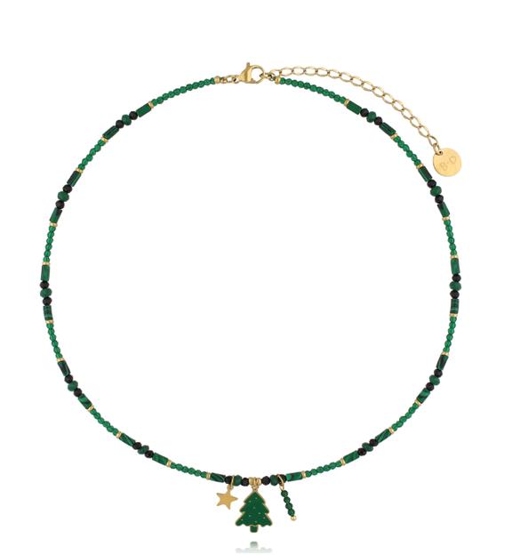Naszyjnik z zielonych i czarnych kamieni z choinką NTW1397