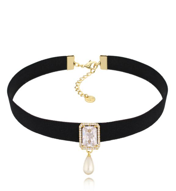 Choker czarny z kryształem i perłą fabulous NS0187