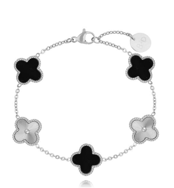 Bransoletka z czarnymi koniczynkami srebrna Clovers BSY0169