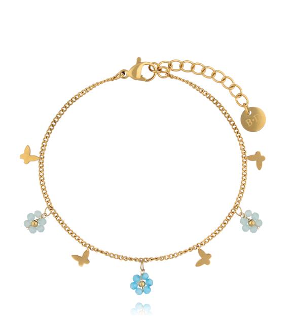 Bransoletka ze stali szlachetnej z motylkami i kwiatkami z amazonitu BTW3677