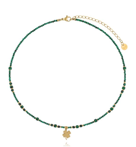 Naszyjnik z malachitem i złotą koniczynką NTW1542