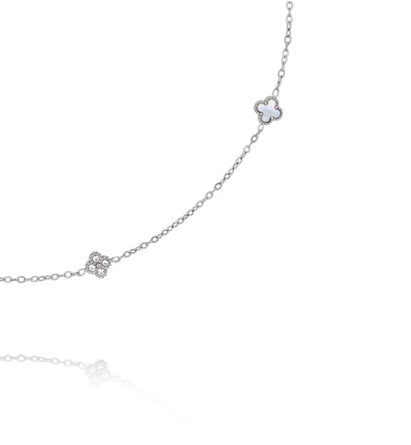 Naszyjnik srebrny z koniczynkami z masy perłowej i cyrkoniami NSY0740