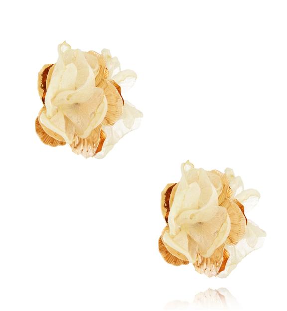 Kolczyki złote z kremową tkaniną Gold Flower KBL1808