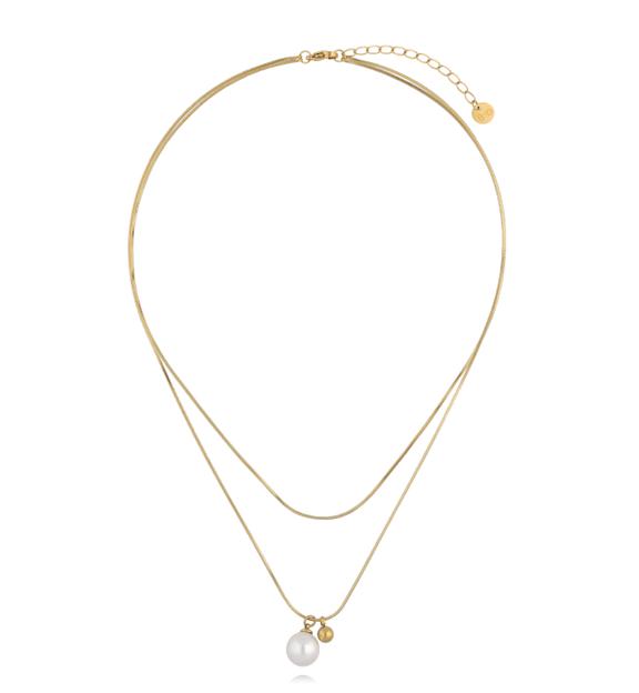 Naszyjnik podwójny ze stali szlachetnej złoconej z perłą NSY0699