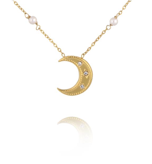 Naszyjnik z księżycem i perełkami złoty NEA0068