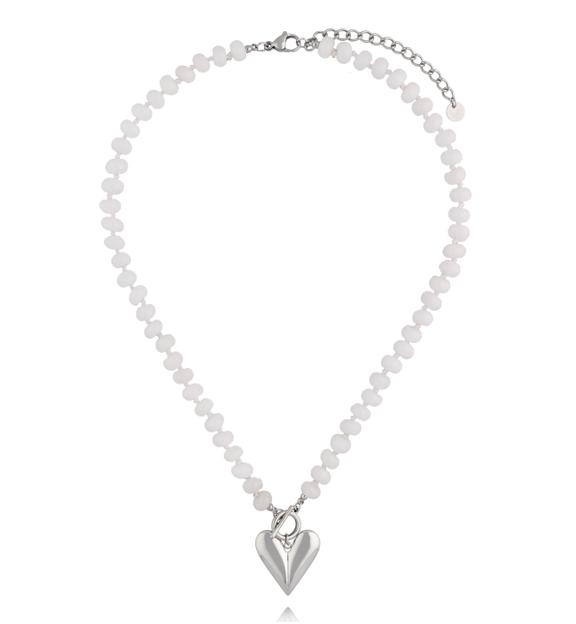 Naszyjnik z białego jadeitu z posrebrzanym sercem NPA1634