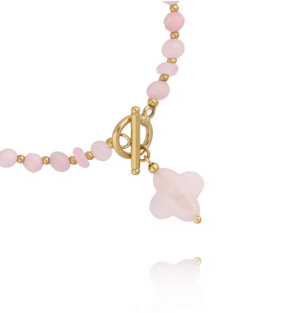 Bransoletka z kwarcami różowymi z koniczynką i złotym zapięciem BPA0635