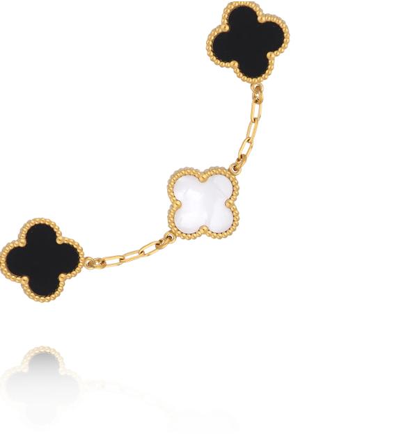 Bransoletka złota z koniczynkami z masy perłowej i czarnej emalii BSY0555