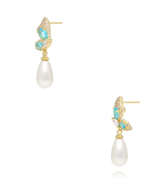 Kolczyki motyle z turkusowymi kryształkami i perłą KSS2247