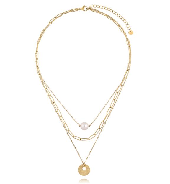 Naszyjnik warstwowy z perłą i złotym medalionem NEA0057