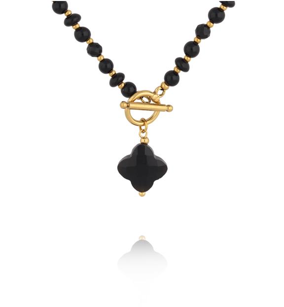 Naszyjnik z czarnego agatu i czarnego turmalinu z zawieszką koniczynki NPA1627