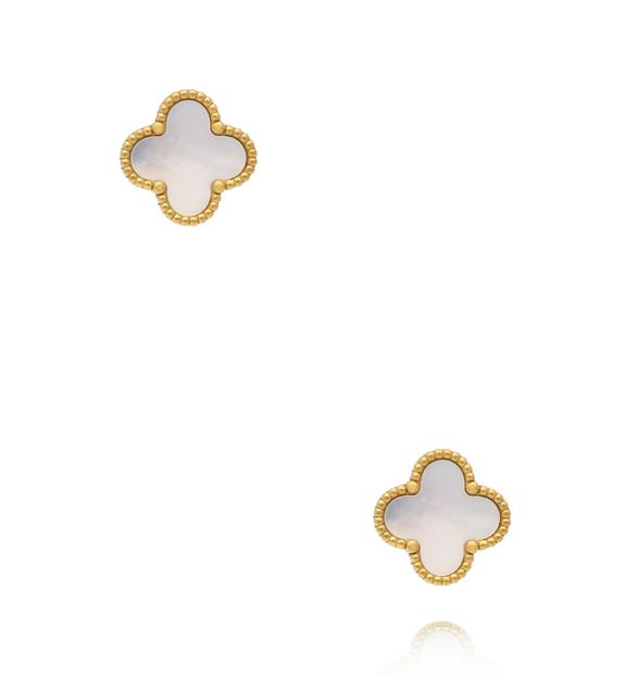 Kolczyki koniczynki z masą perłową w złotej oprawie KSY0665