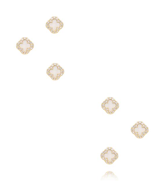 Zestaw złoconych kolczyków białych koniczynek z cyrkoniami KMB0041