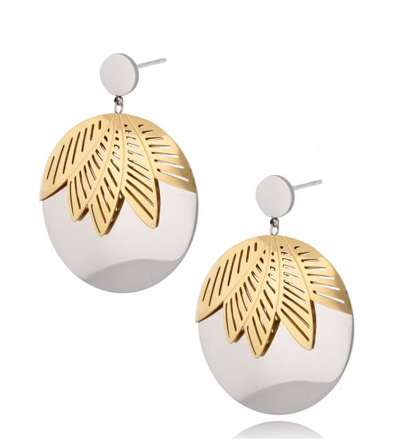 Kolczyki srebrno-złote ze stali szlachetnej Silver&Gold Big Leaf KSA0279