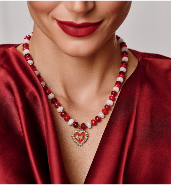 Naszyjnik czerwony z sercem i kokardką NPA1418