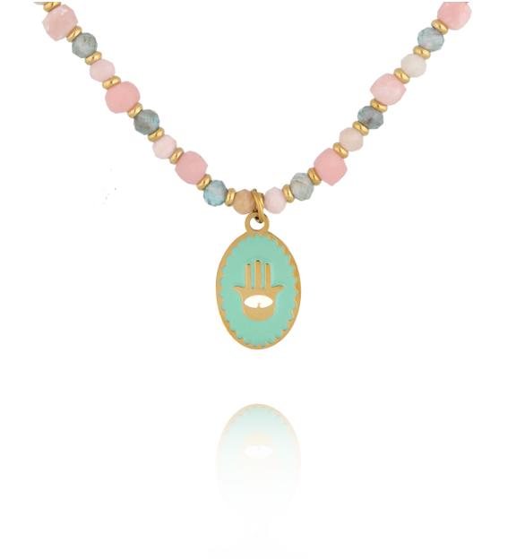 Naszyjnik z różowym opalem i apatytami z zawieszką dłoni Fatimy NTW1638