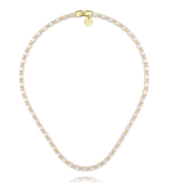 Naszyjnik typu tennis z prostokątnymi kryształkami w złotej oprawie NS0421