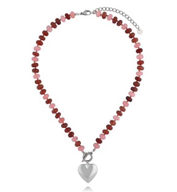 Naszyjnik z różowych i rubinowych kamieni ze srebrnym sercem NPA1632