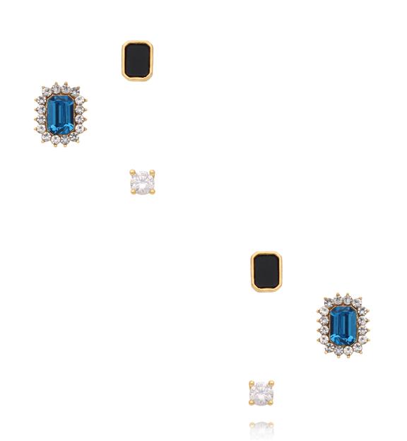 Zestaw kolczyków złoconych z niebieskim kamieniem, czernią i cyrkoniami KMB0003