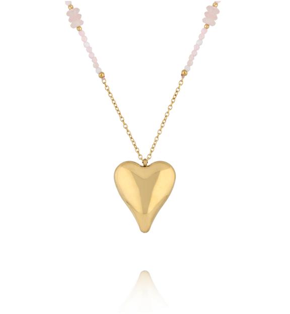 Naszyjnik z różowego kwarcu i różowego opalu z pozłacanym sercem NPA1583