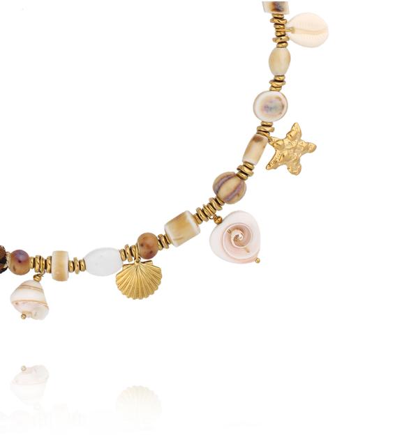 Naszyjnik z tkaniny w panterkę z muszlami i rozgwiazdą NSH0132