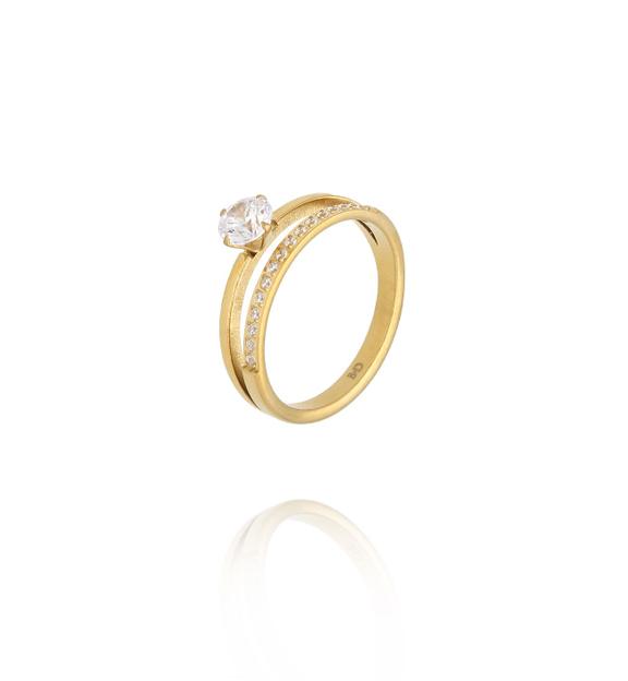 Pierścionek złoty z dużą cyrkonią i obrączką wysadzaną kamieniami PSY0199