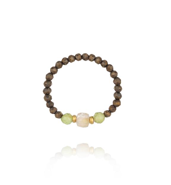 Pierścionek elastyczny z oliwinami cytrynami i pirytami PTW0592