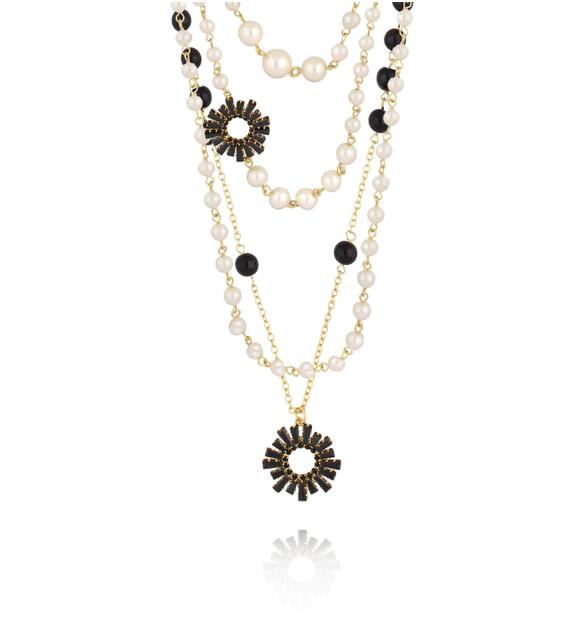 Naszyjnik wielorzędowy perłowo czarny ze zdobieniami NS0367