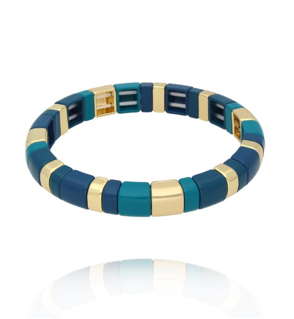 Bransoletka elastyczna w odcieniu turkusu, granatu i złota BCR0075