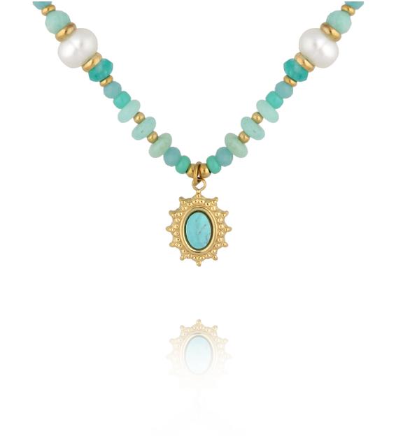 Naszyjnik z amazonitem, perłami i turkusową zawieszką NTW1587