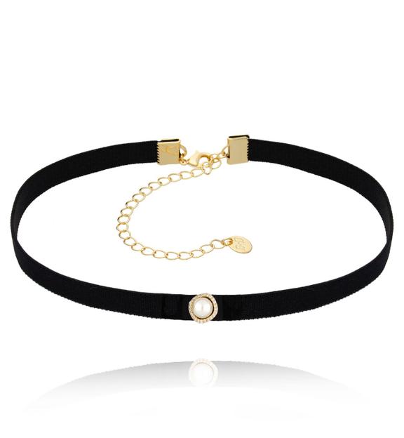 Choker czarny z tasiemką i perłą Atissa NS0176