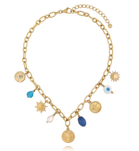 Naszyjnik z zawieszkami – słońce, medale i niebieskie talizmany NSY0734