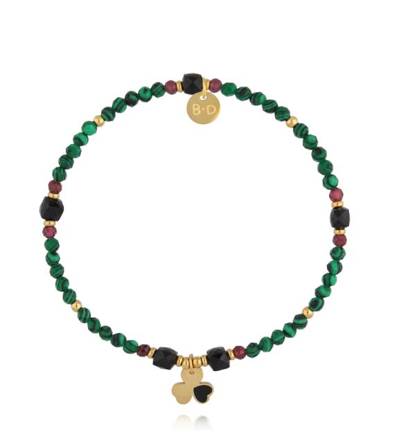 Bransoletka z malachitu, granatu i czarnego turmalinu ze złotą koniczyną BTW3513