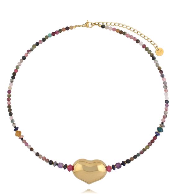 Naszyjnik z turmalinu, sodalitu i jadeitu z pozłacanym sercem NPA1546