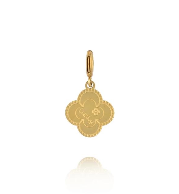 Charms złota koniczynka z napisem Lucky CHA0230