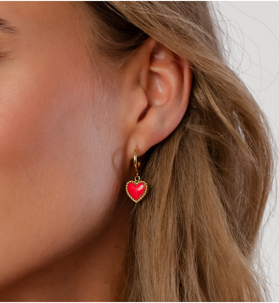 Kolczyki złote z sercem i fuksjową emalią Enamel Heart KSA1552