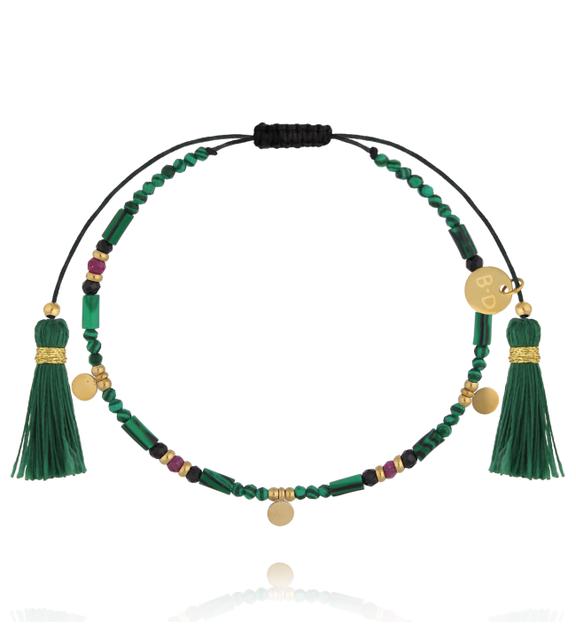 Bransoletka na sznurku z malachitu, turmalinu i rubinu z chwostami BTW3586