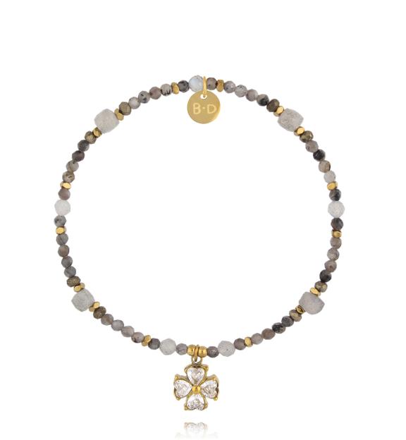 Bransoletka z labradorytu, hematytu i pirytu z koniczyną BTW3496