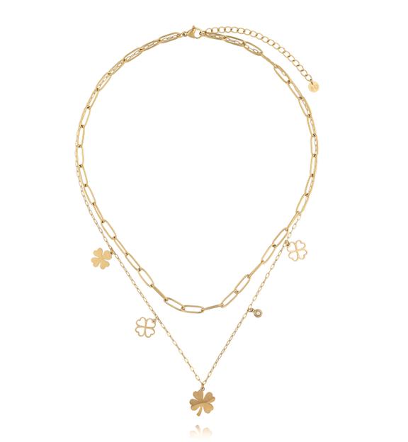 Naszyjnik warstwowy z koniczynkami złoty NEA0067